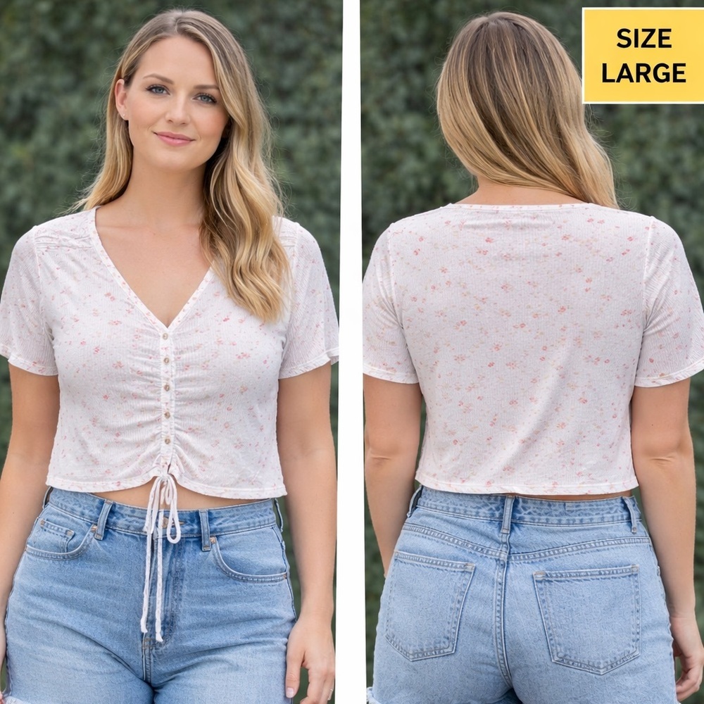 Ultra flirt Ruched Tie-Front V-Neck Crop Top - Light Pink Floral LARGE